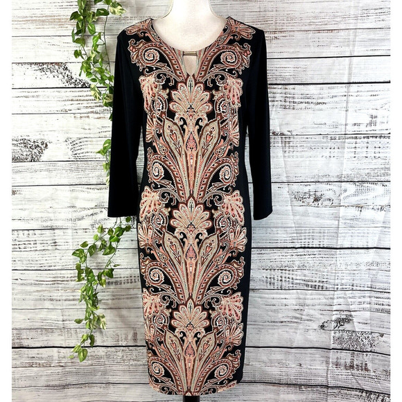 JM Collection DRess size Medium black Brown Paisley Straight Sheath Stretch Knee - Picture 1 of 16